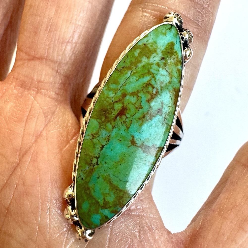 Navajo Long #8 Mine Turquoise Ring Sz 6 Sterling Coho Marquis Native Amer